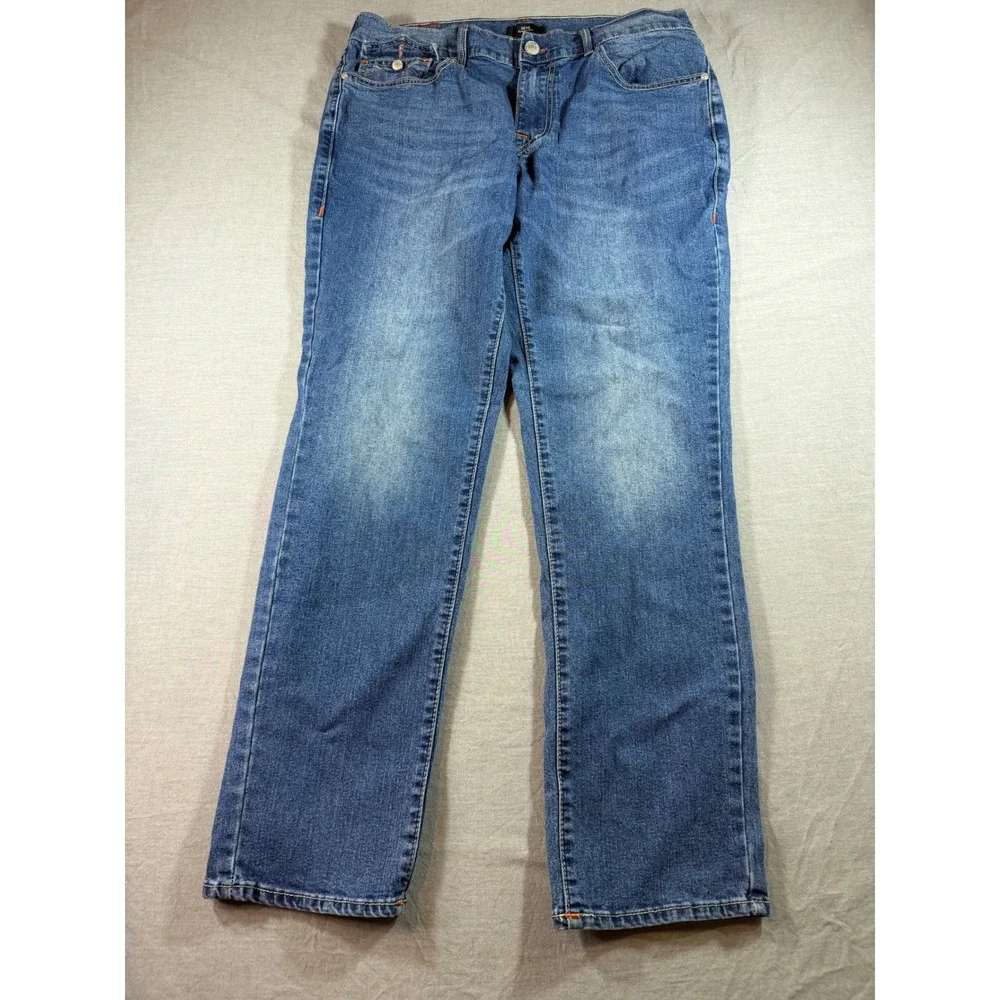 True Religion Geno Relaxed Slim Jeans Mens 37x31 Blue Excellent Horseshoe Stitch